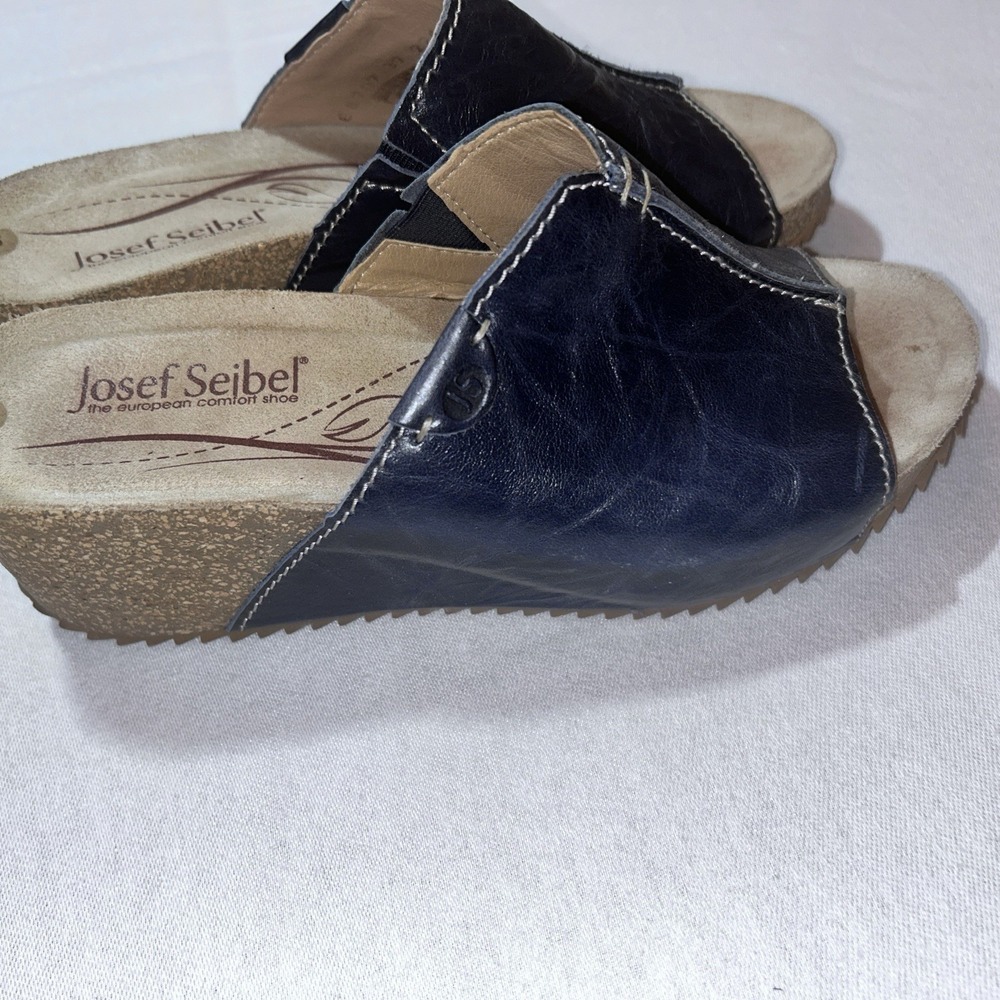 Josef Seibel Meike Navy Leather Slides Mid Wedge Sandals EUR 37 US 6.5 - Picture 2 of 11